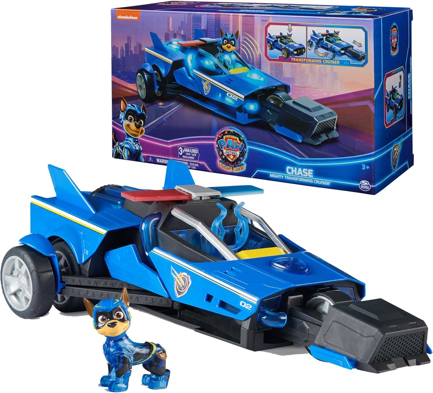 Paw Patrol: The Mighty Movie, Chase’s Mighty Transforming Cruiser with Paw Patrol: The Mighty Movie, Chase’s Mighty Transforming Cruiser with Mighty Pups Action Figure, Lights and Sounds, Kids Toys for Boys & Girls 3+