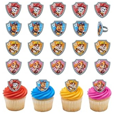 Paw Patrol Reporting For Duty Rings, 24 Cupcake Decorations with Chase, Marshall, Skye & Rubble