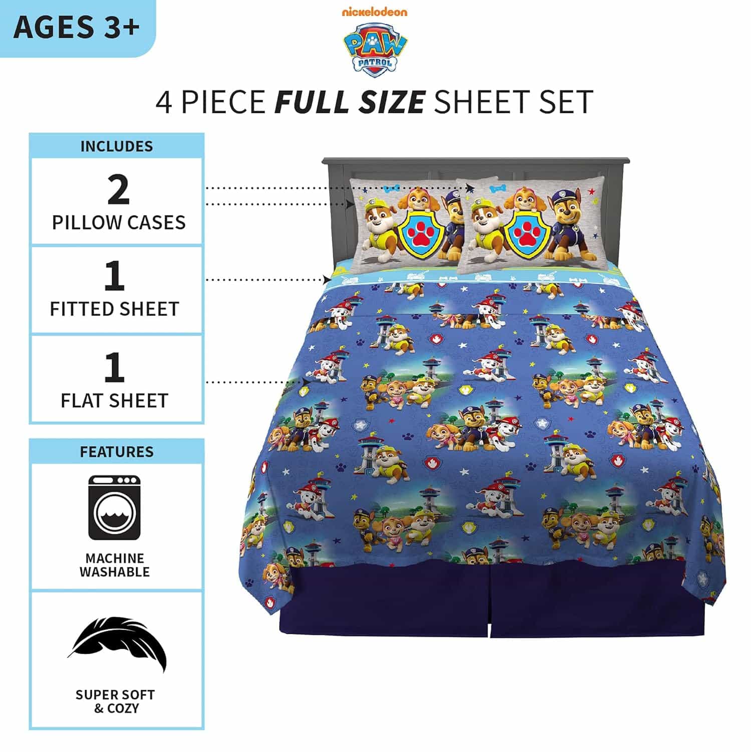 amazon-6a1ad30d208b3 Paw Patrol Super Soft Microfiber Full Sheet Set for Kids - vue 4