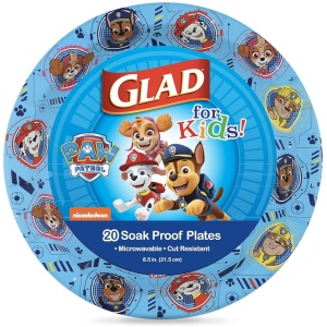 Glad Paw Patrol disposable paper plates, heavy duty soak proof 8.5 inch, 20 count