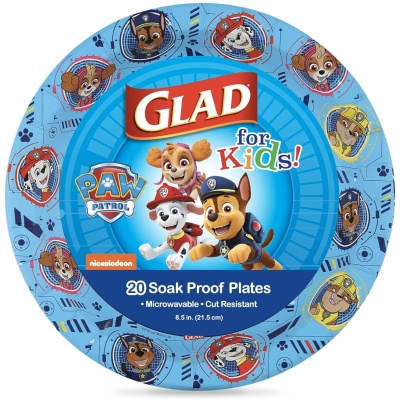 Glad Paw Patrol disposable paper plates, heavy duty soak proof 8.5 inch, 20 count