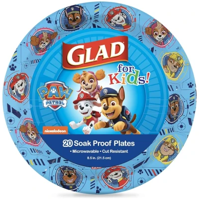Glad Paw Patrol disposable paper plates, heavy duty soak proof 8.5 inch, 20 count