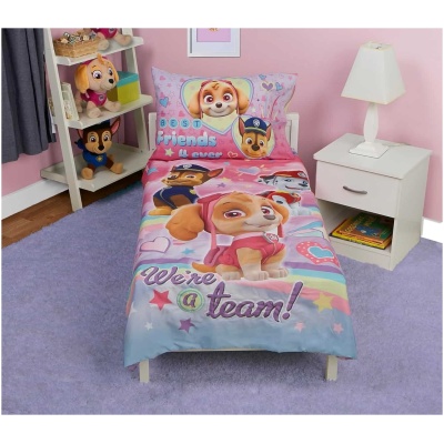 Skye We're A Team toddler bedding set with pink reversible pillow case