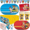 Paw Patrol birthday party supplies for 16 guests with table cover and banner