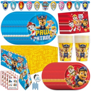 Paw Patrol birthday party supplies for 16 guests with table cover and banner