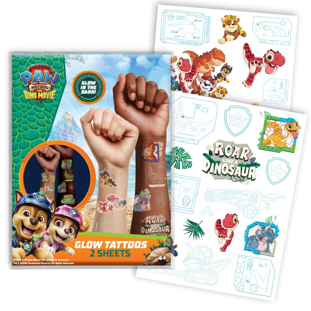 Glow in the Dark Temporary Tattoos Paw Patrol Dino Movie, 2 Sheets