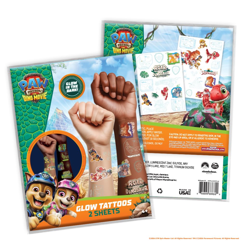 Glow in the Dark Temporary Tattoos Paw Patrol Dino Movie, 2 Sheets