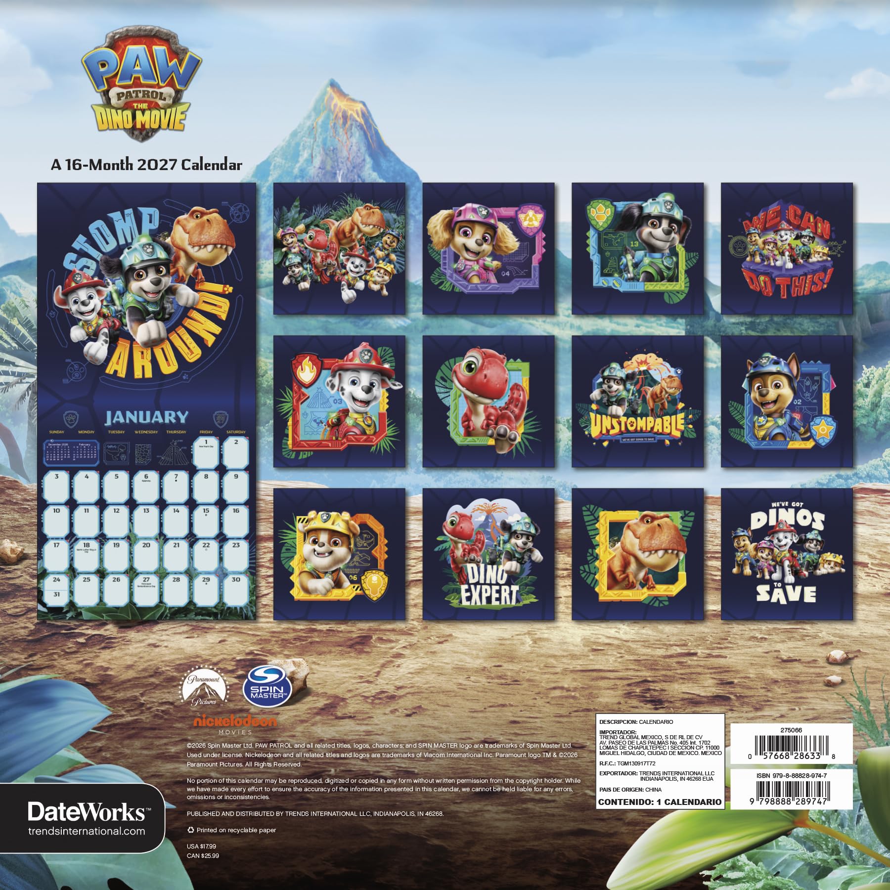Wall Calendar Paw Patrol The Dino Movie 12x12