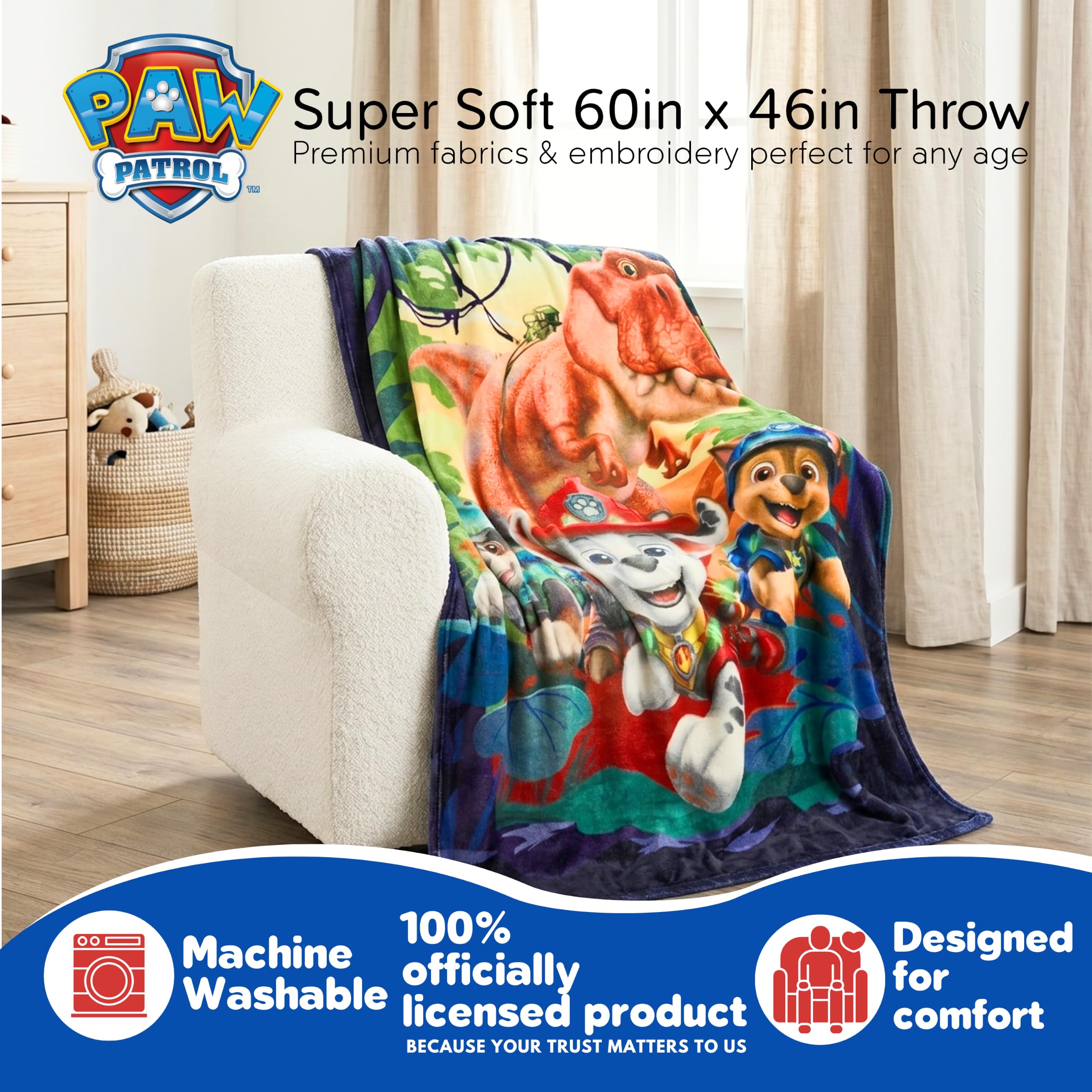Throw Blanket Paw Patrol Dino Movie Silk Touch Plush, 60 x 46 in