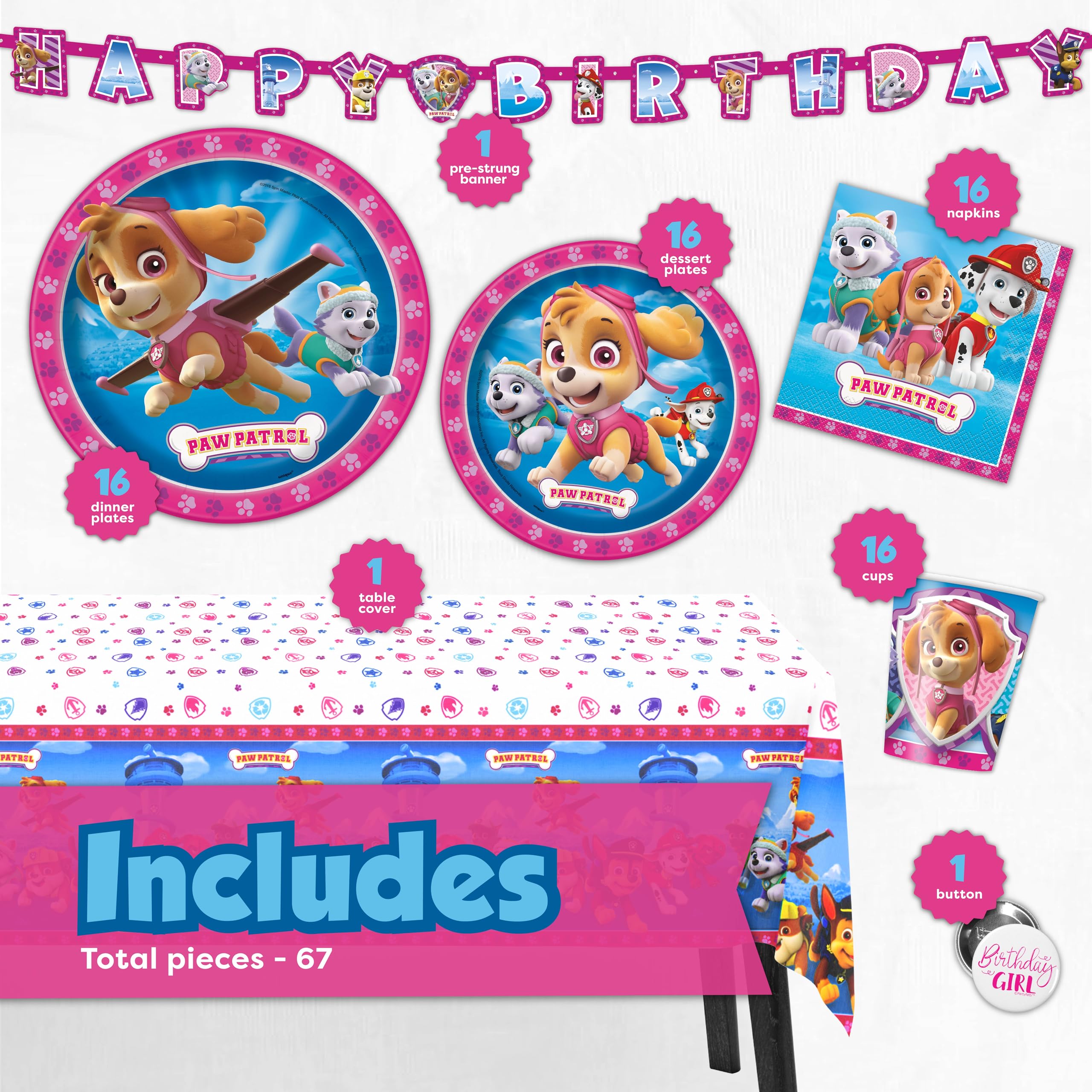 Birthday Party Supplies Kit Paw Patrol Skye - Serves 16 Guests